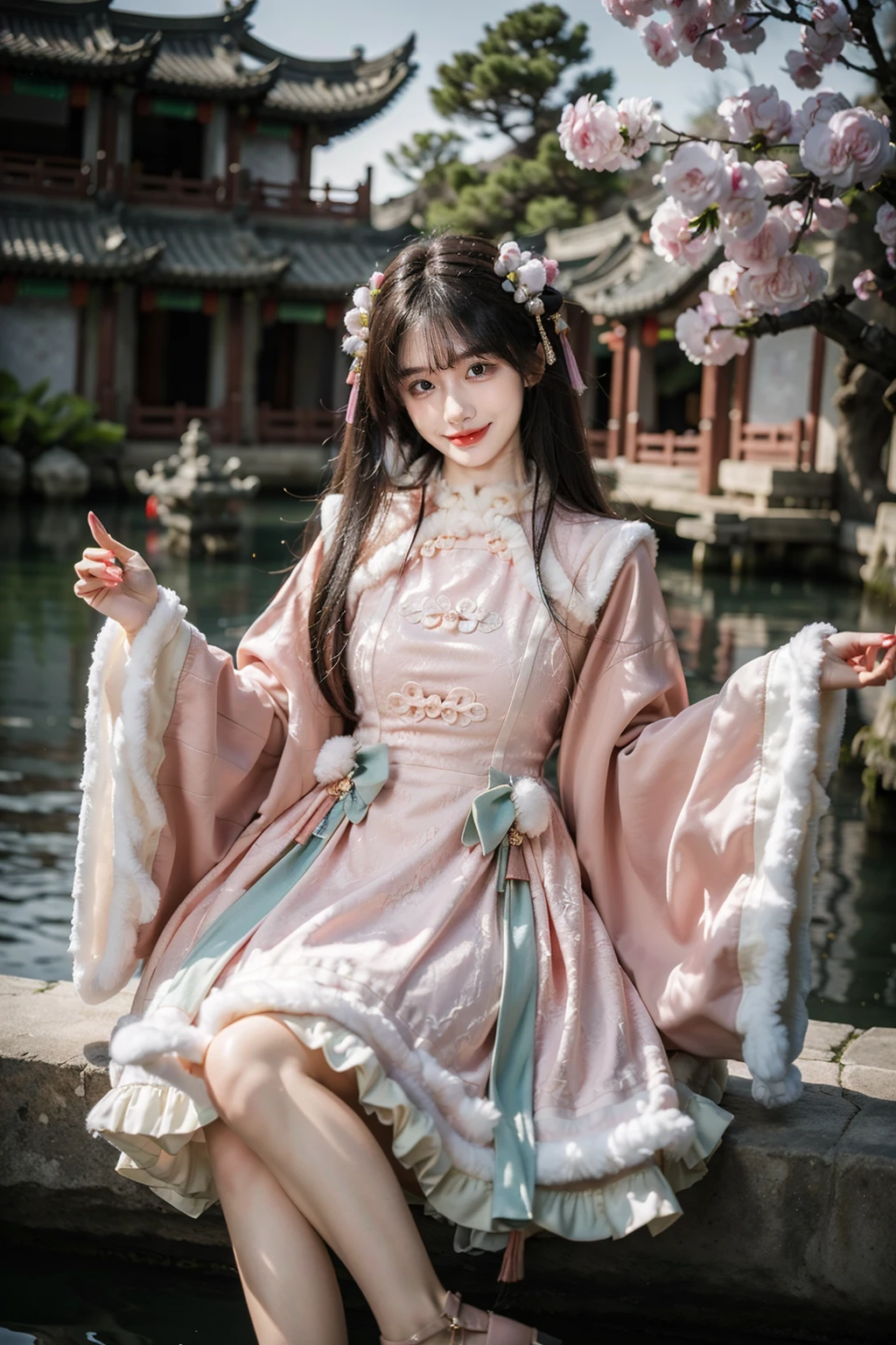 best quality, masterpiece, photorealistic, 1girl, solo, long hair, black hair, straight hair, smile, cowboy shot, looking at viewer, cns attire, cyb dress, chinese clothes, long sleeves, wide sleeves, high heels, chinese garden, flower, tree, water, ancient chinese building, <lora:cns_attire_vol2_style6_v1:0.7>