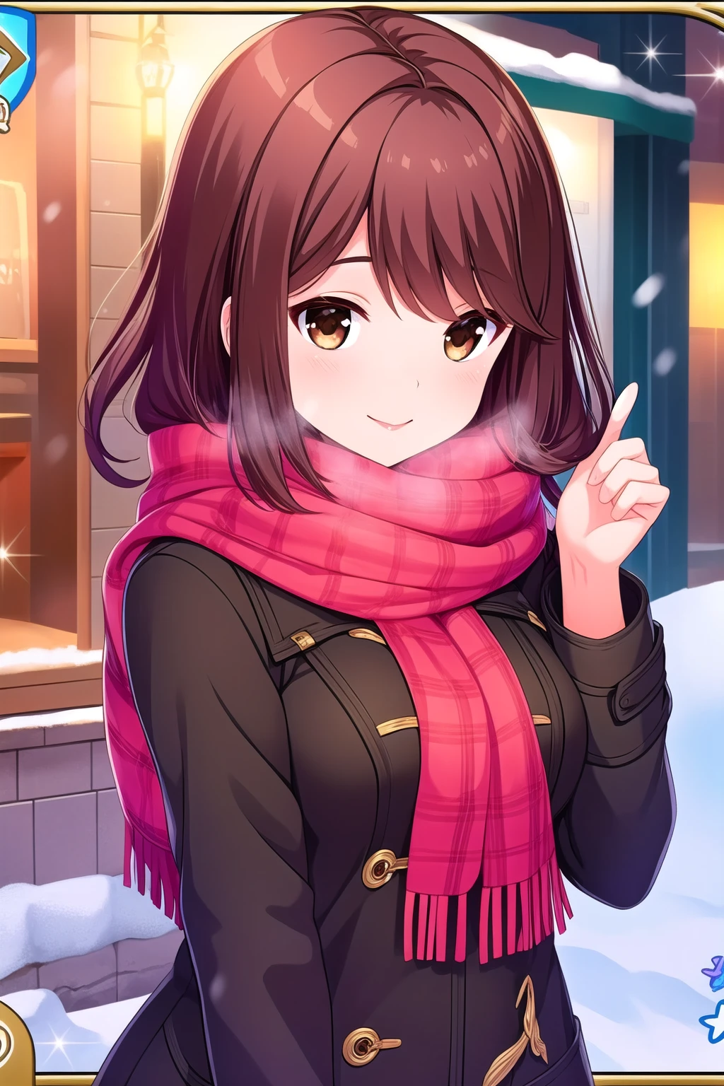 (masterpiece, best quality), highly detailed background, perfect lightingbest quality, shiinakokomi, solo, winter, brown hair, long hair, brown eyes, red scarf, plaid scarf, breasts, brown coat, winter coat, blue skirt, winter clothes, smile, closed mouth, pink lips, <lora:Shiina-Kokomi:0.7>