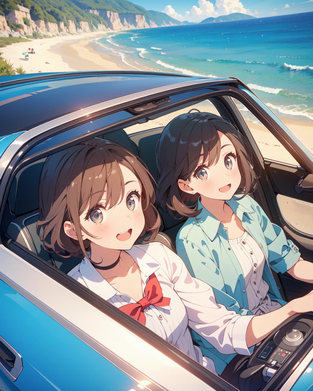 two women riding in a convertible car driving along a road by the sea, viewed from the front, detailed faces