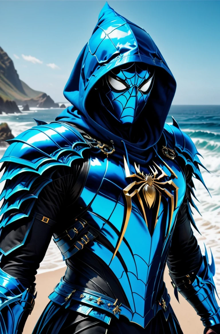 <lora:Armored HaDeS:0.8> masterpiece, photorealistic highly detailed 8k photography, best cinematic quality, male in Ocean Blue nhdsrmr, hlhdsrmr, crstlhdsrmr, chhdsrmr, rmspdvrs, hood, spider logo, Bold word "HADES" on chest, Ready for a Quick Draw, Birdâs-eye view, Biodegradable Confetti Fields