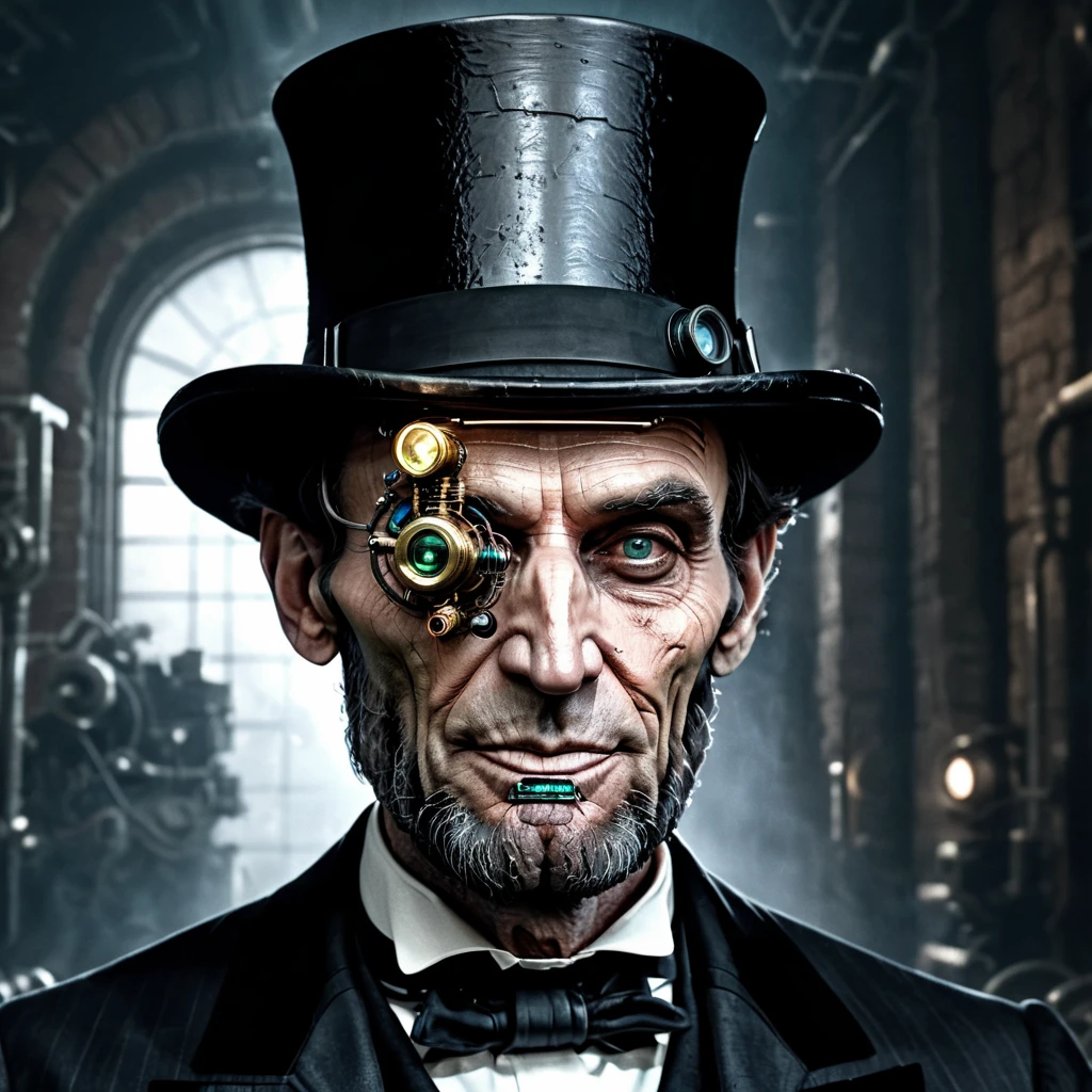 raw photo,cinematic shot,photorealistic,solo,portrait of cybermutant abraham lincoln wearing a tophat and cybernetic monocle,cybernetic implants,cybernetic attachments,tubes,<lora:Cyberfleshmutant-000002:0.6>