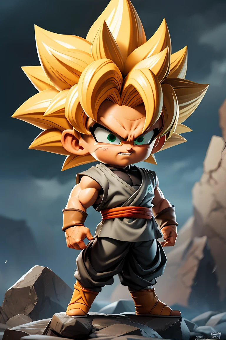 (masterpiece, best quality), intricate details, artstation, wallpaper, official art, splash art, storm in background, sharp focus, 1boy, (photorealistic:1.2) (bokeh) (best quality) (detailed skin:1.3) (intricate details) (8k) (detailed eyes) (sharp focus) son goku, angry, battle damage, blonde hair, blue sash, clenched teeth, furious, green eyes, male focus, muscular, muscular male, pectorals, sash, solo, spiked hair, super saiyan, super saiyan 1, teeth, topless male, torn clothes, wristband,full body, chibi <lora:goku_black1-10:0.7>,<lora:GoodHands-beta2:1>, cartoon rendering