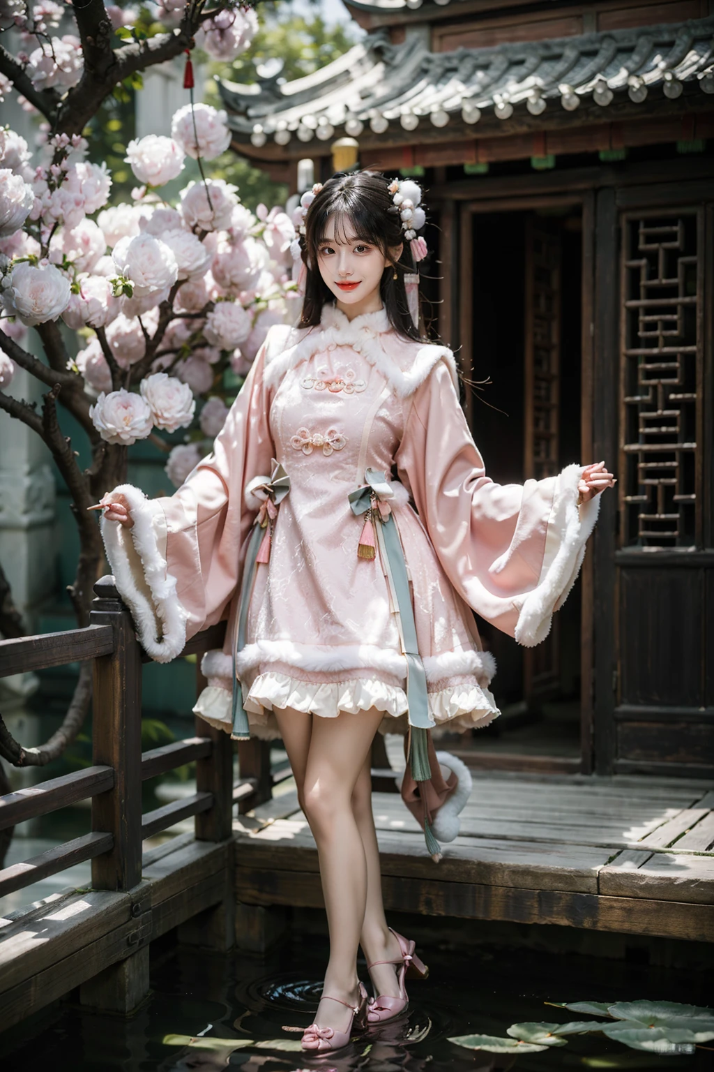 best quality, masterpiece, photorealistic, 1girl, solo, long hair, black hair, straight hair, smile, full body, looking at viewer, cns attire, cyb dress, chinese clothes, long sleeves, wide sleeves, high heels, chinese garden, flower, tree, water, ancient chinese building, <lora:cns_attire_vol2_style6_v1:0.7>