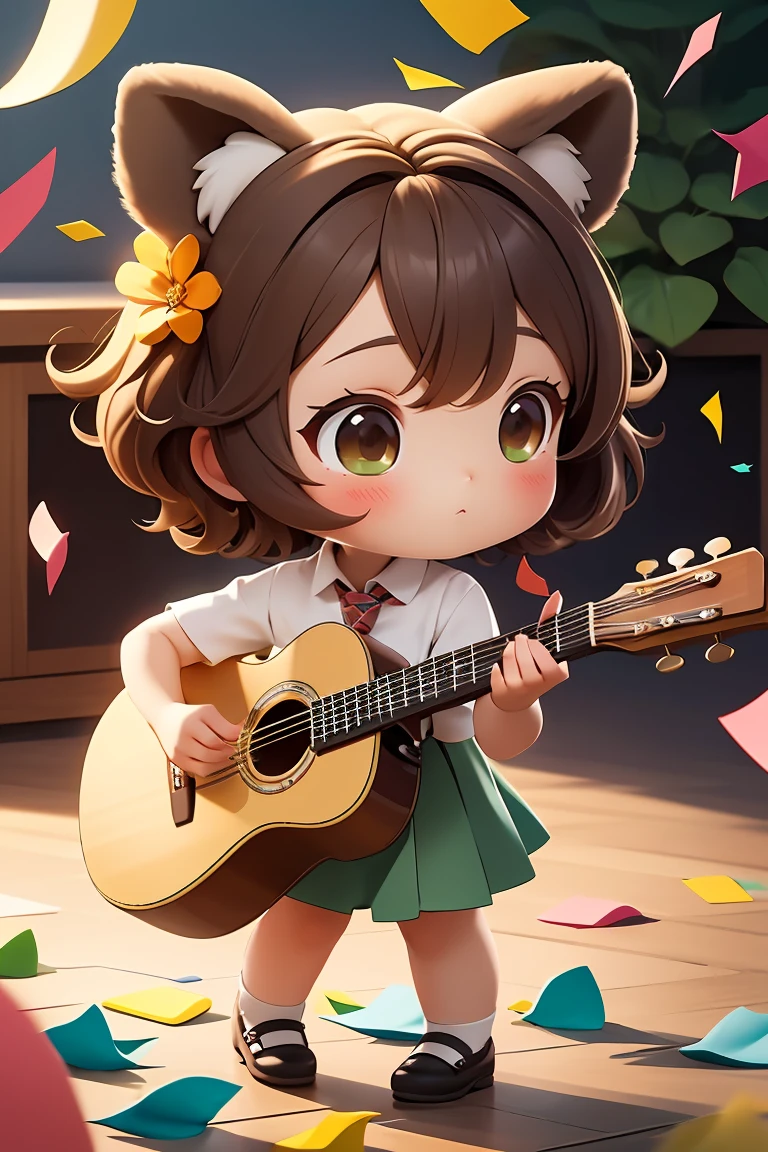 chibi,masterpiece, best quality, original, official art,1girl, solo, short hair, skirt, brown hair, animal ears, flower, necktie, indoors, green skirt, instrument, guitar, confetti background,<lora:GoodHands-beta2:1>, cartoon rendering,