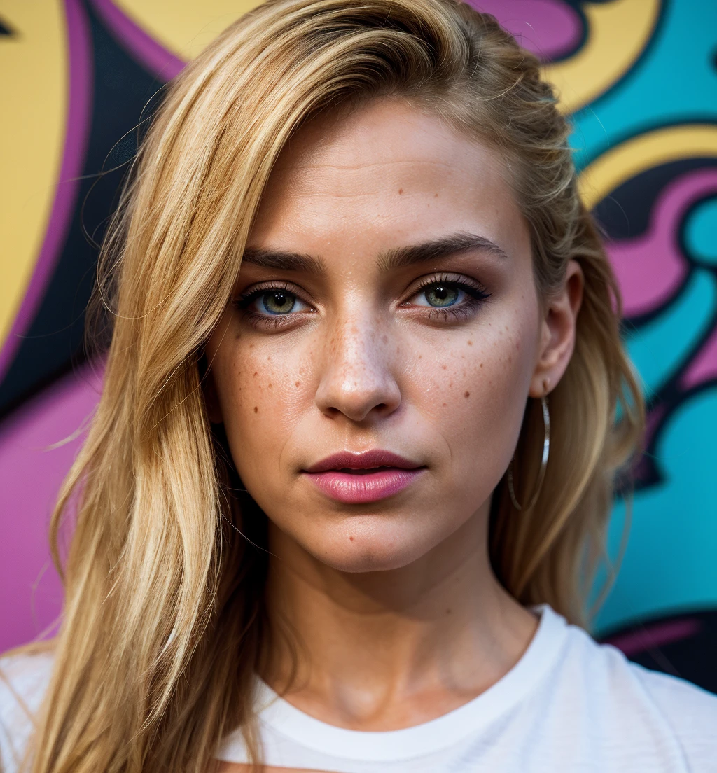 Graffiti style Abstract style photo,8k,sharp focus,beautiful woman,close up,t-shirt,(detailed eyes:0.8),(looking at the camera:1.4),(highest quality),(best eyeshadow),brown eyes,rim lighting,two tone lighting,dimly lit,low key,intricate details,interior, blonde hair:1.3,freckles <lora:ornate:3> . Non-representational, colors and shapes, expression of feelings, imaginative, highly detailed . Street art, vibrant, urban, detailed, tag, mural