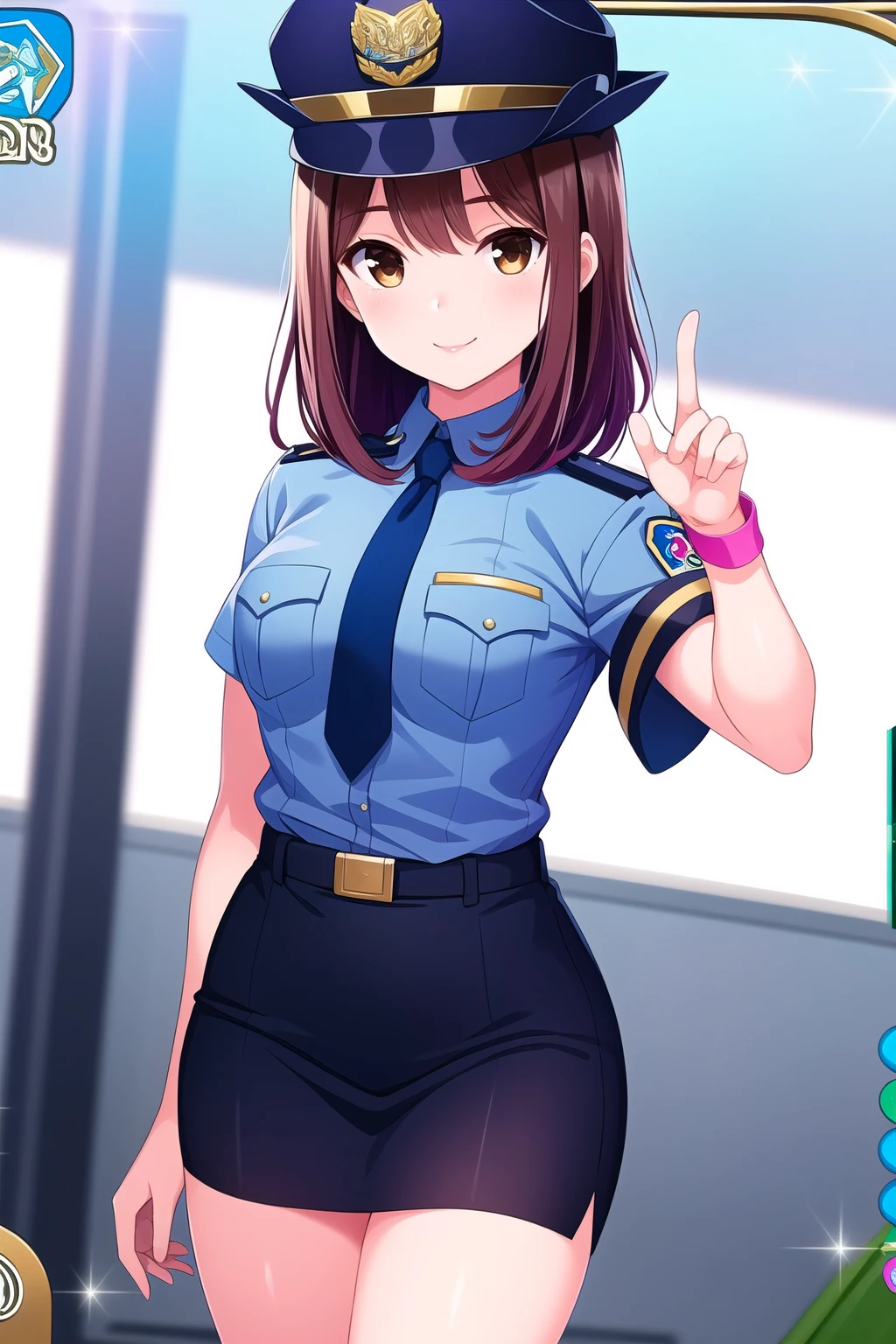 (masterpiece, best quality), highly detailed background, perfect lightingbest quality, shiinakokomi, solo, policewoman, police hat, brown hair, long hair, brown eyes, breasts, blue shirt, blue necktie, armband, blue skirt, police uniform, smile, closed mouth, pink lips, <lora:Shiina-Kokomi:0.7>