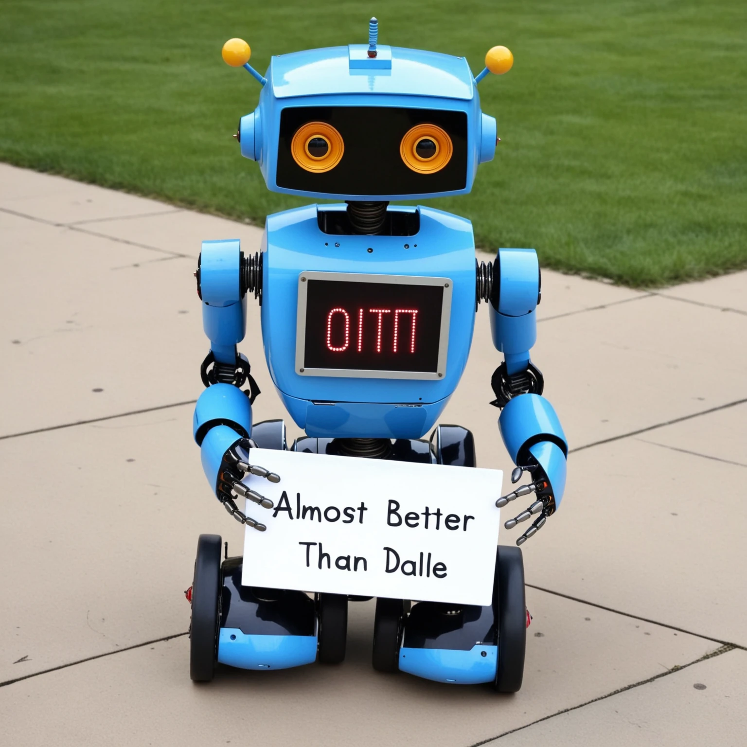 a small robot holding a sign with the text "(almost) BETTER THAN DALLE" written on it