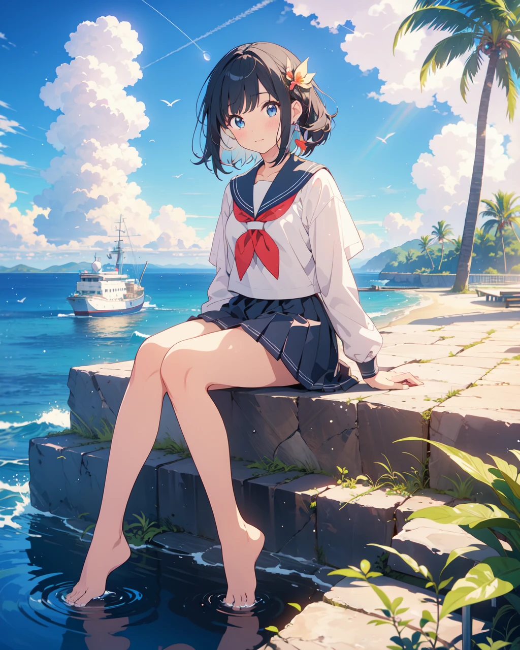 (Highest quality, Masterpiece: 1.2), (Solo), Anime coloring book, 4K quality, (((Girl))), Black hair, Sailor uniform, Bare feet, Pleated skirt, A girl immersed in the world of anime High school description Noise, beach, blue sky, clouds, cloudy sky, dewy road, sun, horizon, ocean, landscape, sky, skyline, blue sky and white clouds, fantastic light, beautiful light, mirror, mysterious, Beautiful, clear water, mirror world, dream, heaven, stairs, diving, cliff, rainbow, aurora, mirage, moon, planet, meteorite