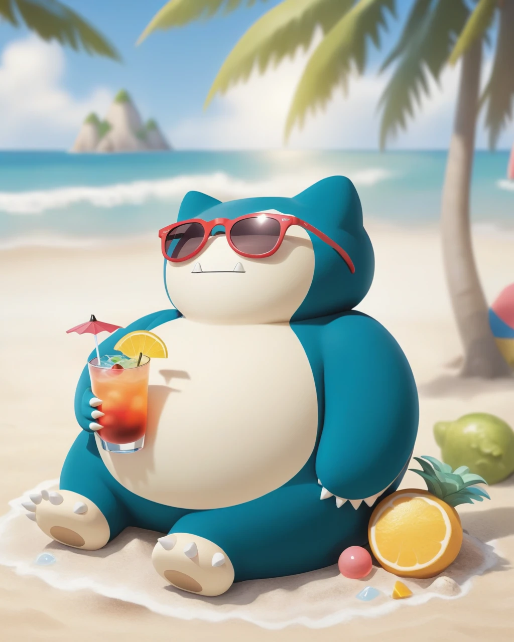 Snorlax sitting on the beach with sunglasses and cocktail <lora:Snorlax_v0_1:0.9>