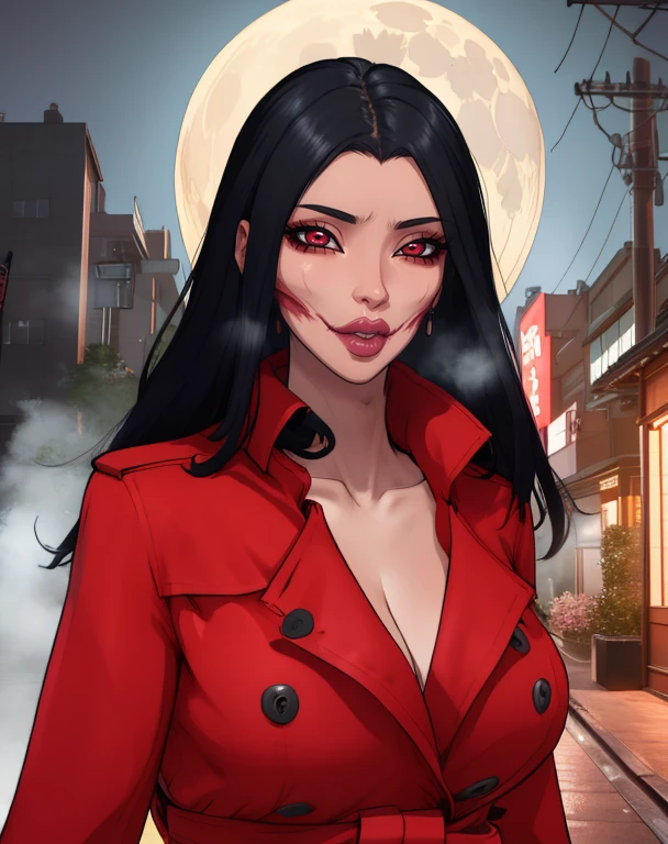 Kuchisake,red eyes,long black hair,big lips,
red trench coat,cleavage,
standing,upper body,
empty streets,night,tokyo,fog,moon,
(insanely detailed, beautiful detailed face, masterpiece, beautiful detailed eyes, best quality),<lora:KuchisakeRED-10:0.8>,
