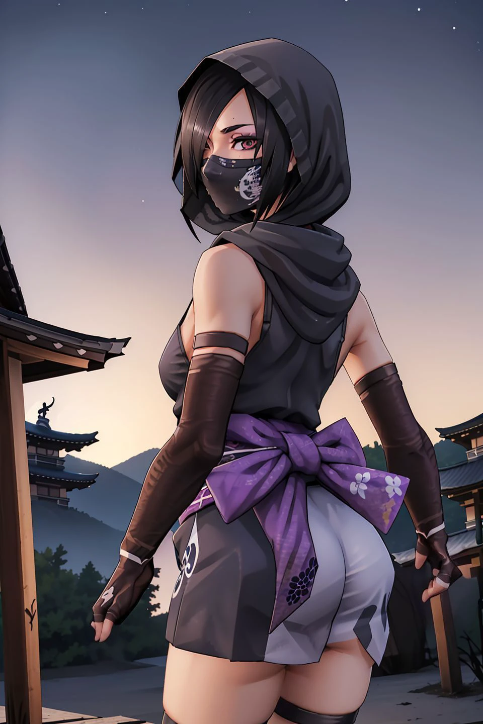 <lora:mosu_ninja_V1.0:0.7>,mosuninja,ninja,1girl,solo,standing,ass,from behind,black hair,brown eyes,hair over one eye,eyeshadow,purple eyeshadow,breasts,small breasts,bare shoulders,mask,mouth mask,covered mouth,ninja mask,japanese clothes,kimono,short kimono,obi,elbow gloves,fingerless gloves,gloves,hood,skirt,sandals,socks,black legwear,toes,thigh strap,outdoors,shrine,east asian architecture,night,night sky,