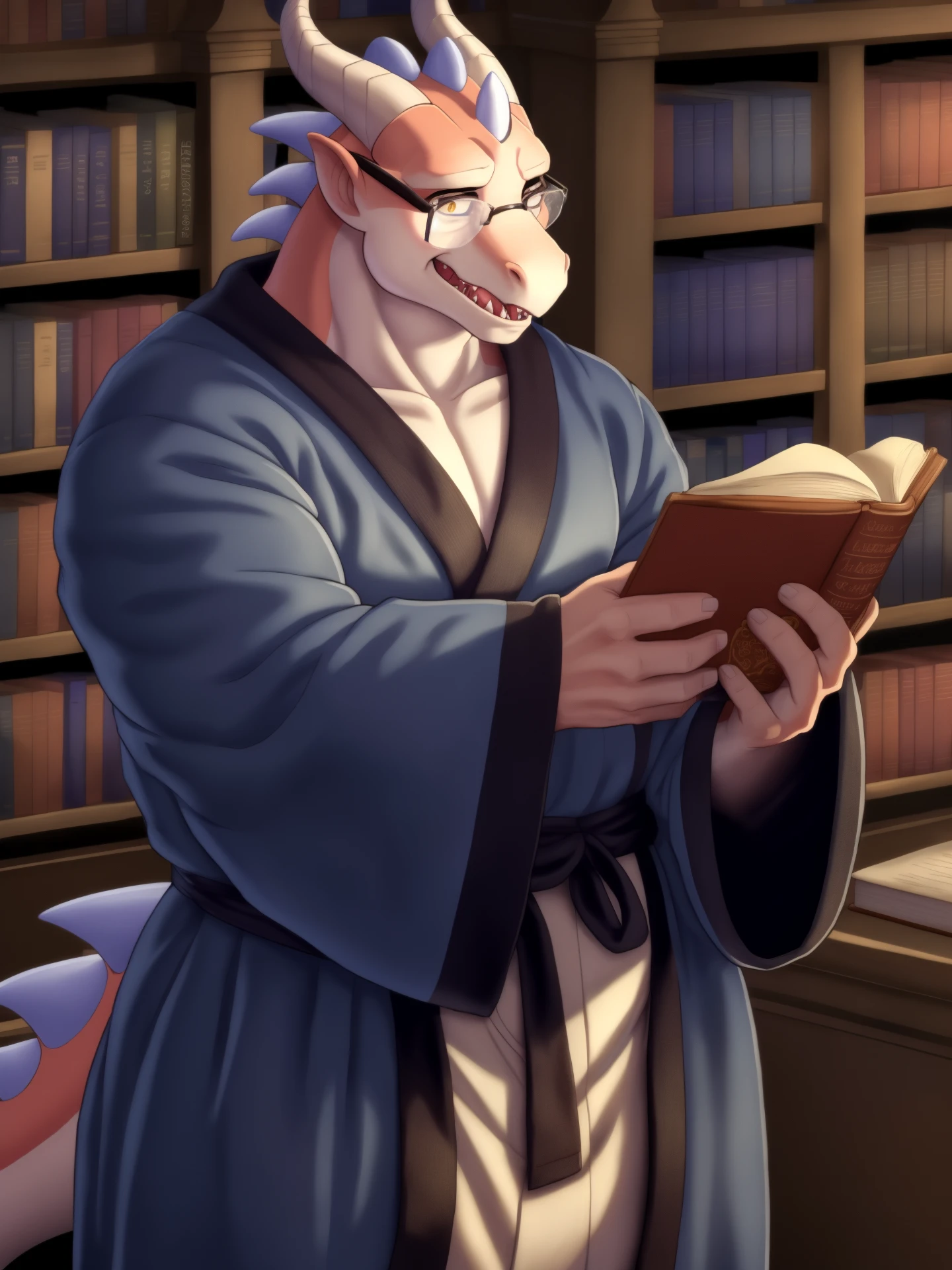 dragon, glasses, night, library, robe, by bontiage <lora:bontiage:1>