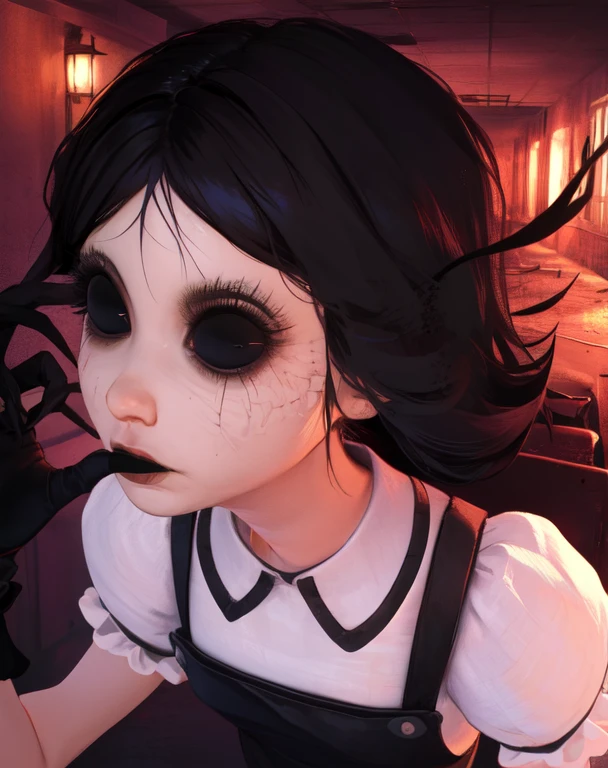 Agatha,black hair,black eyes,
puffy sleeves,black dress,White shirt,black gloves,claws,
abandoned school,night,Dark corners,
(insanely detailed, beautiful detailed face, masterpiece, beautiful detailed eyes, Best quality),
