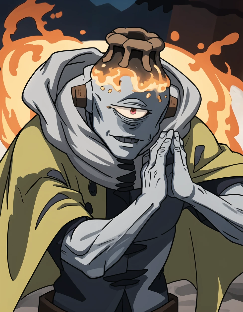 anime character with hoodie and eyes looking up, kabuto, joker looks like naruto, highley detailled face, 2 d anime style, joker as naruto, clean cel shaded, he has dark grey hairs, trigger anime artstyle, roguish smirk, 8k!!, a silver haired mad, kakashi hatake, menacing pose