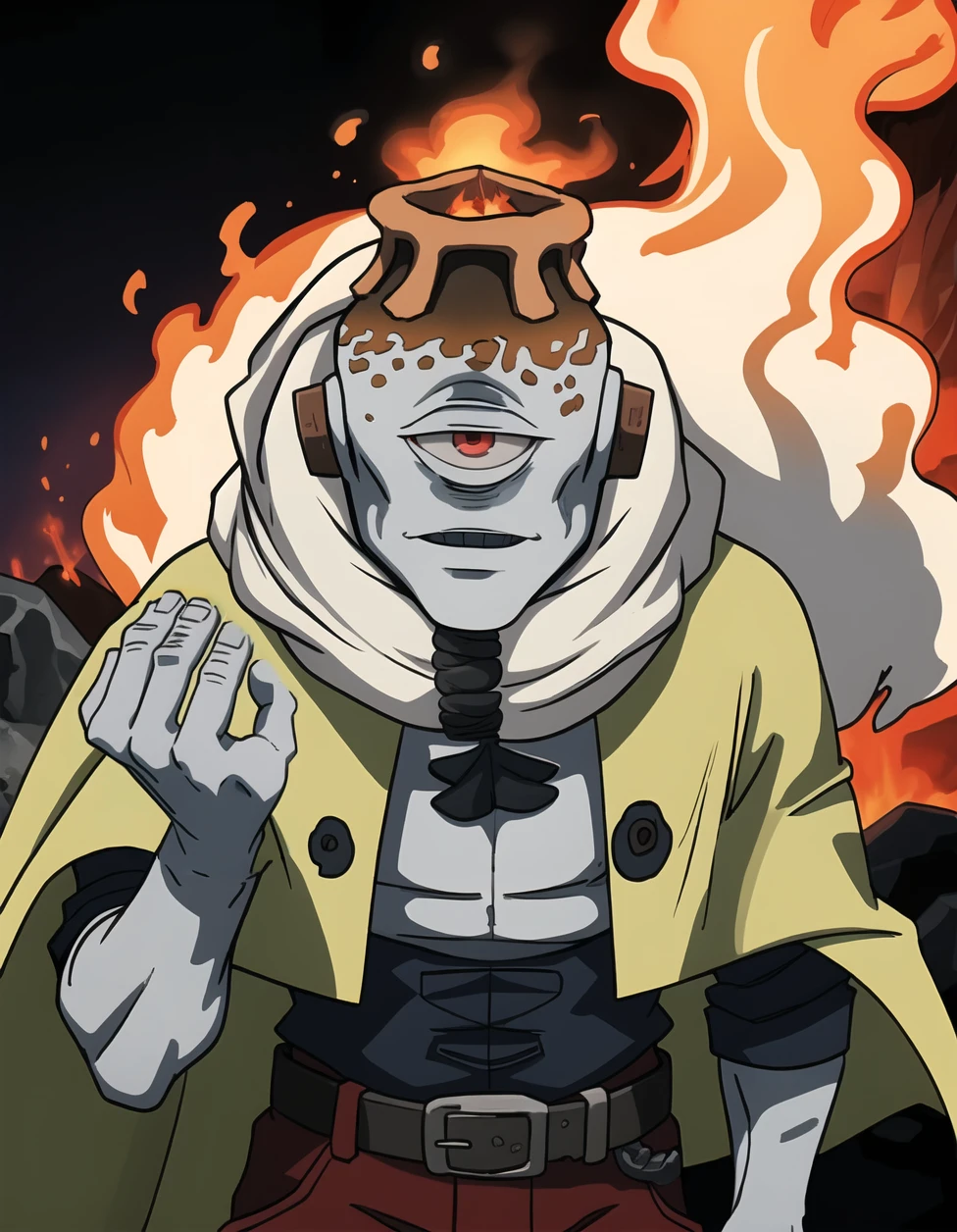 best quality, afterglow, 4k, ((masterpiece)), extremely detailed, 8k, trending on ArtStation, Intricate, High Detail, Sharp focus, jogoat <lora:jogoat:1>, solo, smile, fire background, 1boy, volcano background, full body, male focus, boots, colored skin, grey skin, 1boy, male focus, scarf, one-eyed, cyclops, volcano head, ((muscular male)), ((standing, cowboy shot, upper body)), yellow cape, ((tube ears))