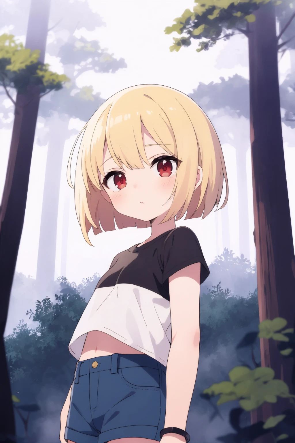 masterpiece, best quality, solo, petite,
short hair, bob cut, red eyes, blonde hair, black t-shirt, thighhighs, scared, denim shorts,
portrait, forest, fog,