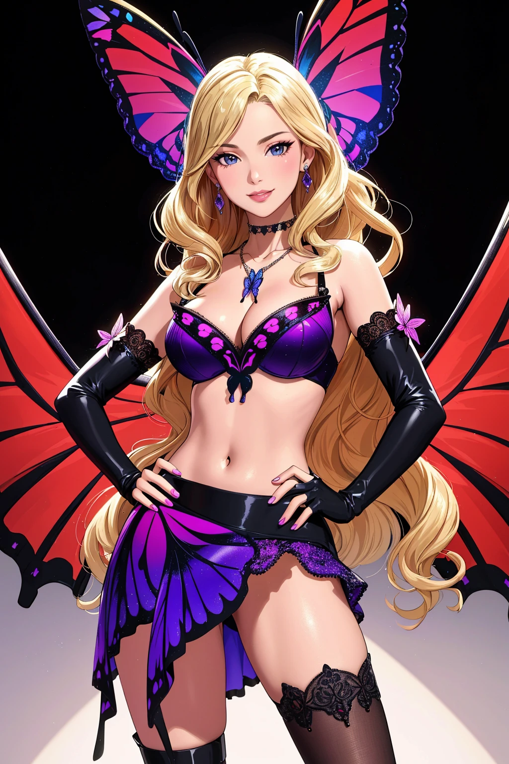 ((Masterpiece, best quality,edgQuality)),solo,1girl,smiling,excited,hands on hip,
butterfly_top, butterfly design embroidery,edgVS, long hair, skirt, blonde hair, elbow gloves, necklace, high heels,wearing edgVS lingerie,wings
<lora:edgVictoriaButterflies:1>