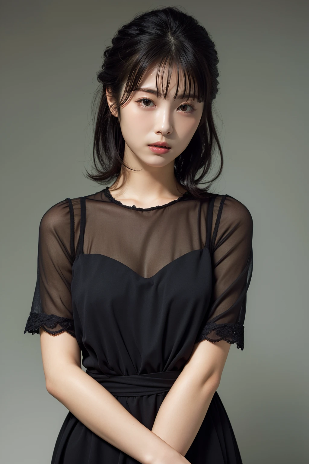 Best quality, masterpiece, ultra high res, (photorealistic:1.4), raw photo,1girl, solo, realistic, (looking at viewer), (cowboy shoot),simple gray background, black dress, <lora:makina69_hamabeminami_v1.5:1>