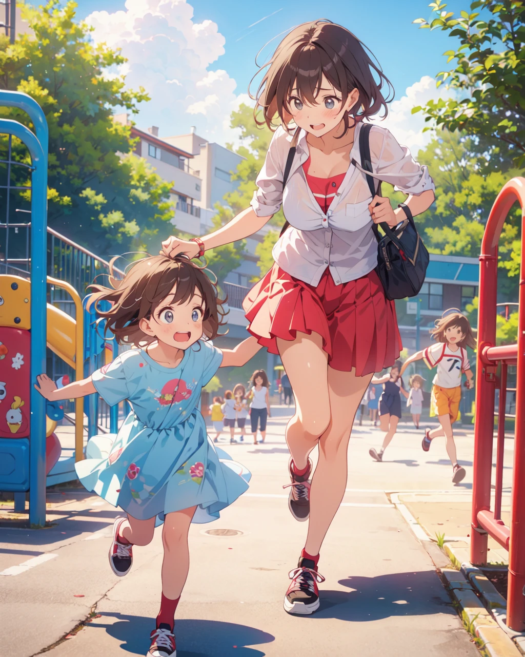 a frazzled mother and her daughter playing on a playground, lots of kids running around, slide