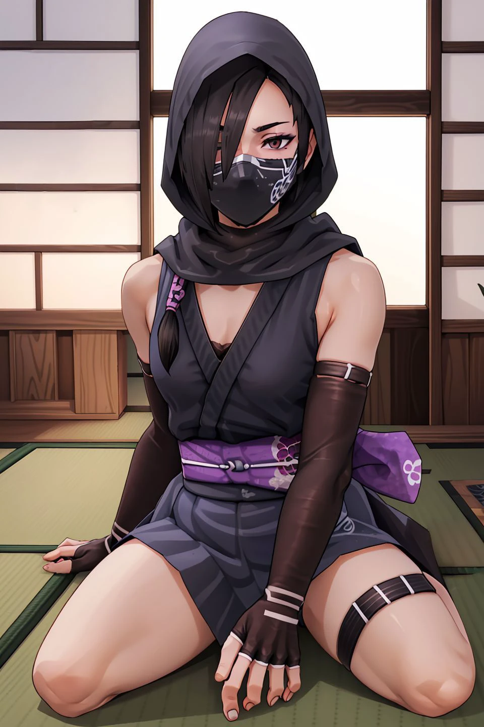 <lora:mosu_ninja_V1.0:0.7>,mosuninja,ninja,1girl,solo,sitting,squatting,spread legs,from below,(arms behind back:1.2),black hair,brown eyes,hair over one eye,eyeshadow,purple eyeshadow,breasts,small breasts,bare shoulders,mask,mouth mask,covered mouth,ninja mask,japanese clothes,kimono,short kimono,obi,elbow gloves,fingerless gloves,gloves,hood,skirt,sandals,socks,black legwear,toes,thigh strap,outdoors,(night:1.3),(night sky:1.3),<lora:Fundoshi:0.7>,fundoshi,