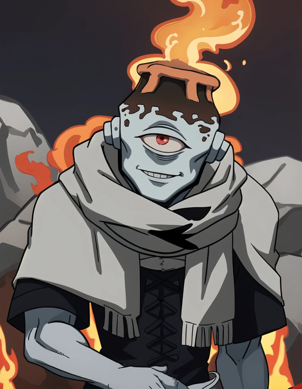 best quality, afterglow, 4k, ((masterpiece)), extremely detailed, 8k, trending on ArtStation, Intricate, High Detail, Sharp focus, jogoat <lora:jogoat:1>, solo, smile, fire background, 1boy, volcano background, full body, male focus, boots, colored skin, grey skin, 1boy, male focus, scarf, one-eyed, cyclops, volcano head, ((muscular male)), ((standing, cowboy shot, upper body))