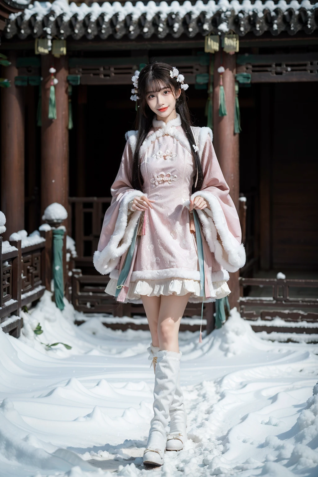 best quality, masterpiece, photorealistic, 1girl, solo, long hair, black hair, straight hair, smile, full body, arms beside, looking at viewer, cns attire, cyb dress, chinese clothes, long sleeves, wide sleeves, white knee boots, chinese garden, flower, tree, ancient chinese building, snow, winter, <lora:cns_attire_vol2_style6_v1:0.7>