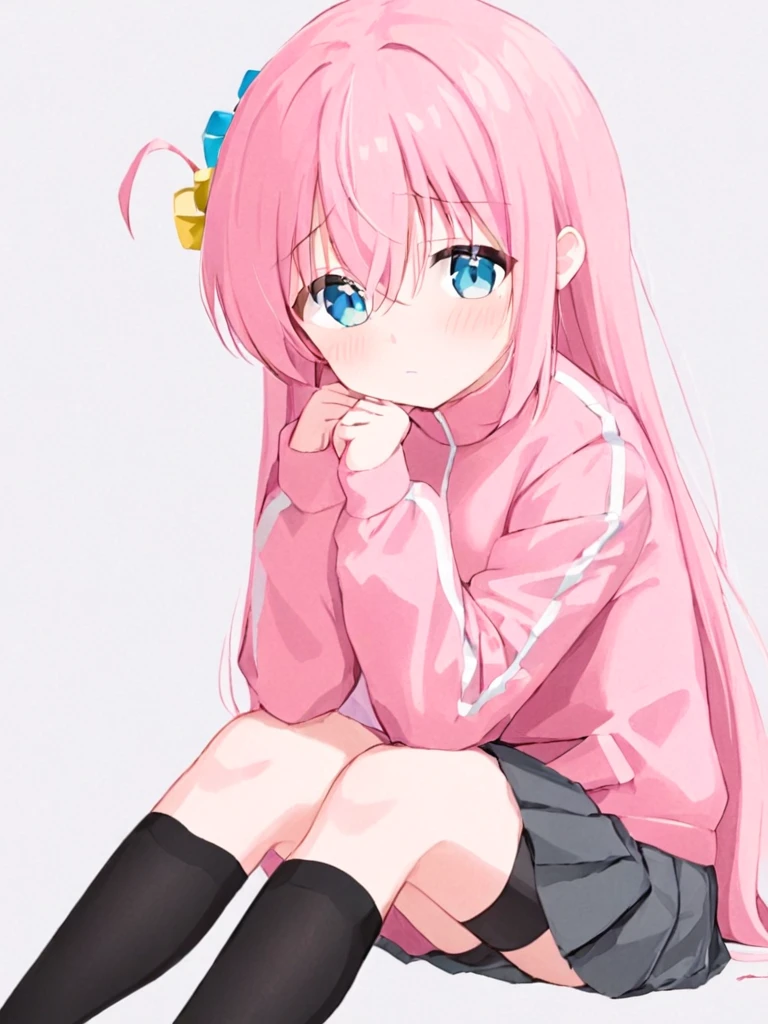 <lora:boki:1>,1girl, gotou_hitori, cube_hair_ornament, pink_jacket, solo, pink_hair, jacket, long_hair, track_jacket, blue_eyes, hair_ornament, sitting, skirt, black_socks, looking_at_viewer, blush, wariza, socks, pleated_skirt, bangs, hair_between_eyes, one_side_up, closed_mouth, white_background, no_shoes, black_skirt, long_sleeves, grey_skirt