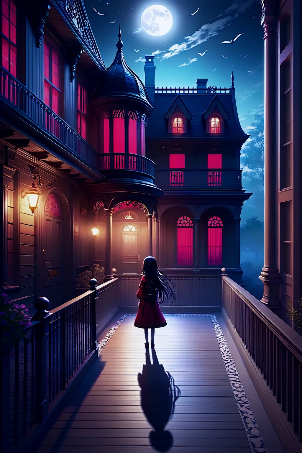 masterpiece,best quality, game CG,
BREAK
(1girl:1.7), red eyes, long hair, black hair,
BREAK
On a pitch-dark night, an old western mansion stands still.
BREAK
The curtains flutter in the wind, occasionally letting the moonlight penetrate the mansion's interior.
BREAK
The hall is vast, dominated by silence, with no sign of anyone.
BREAK
Yet, amidst the quiet, there's an eerie sense that something might happen.
