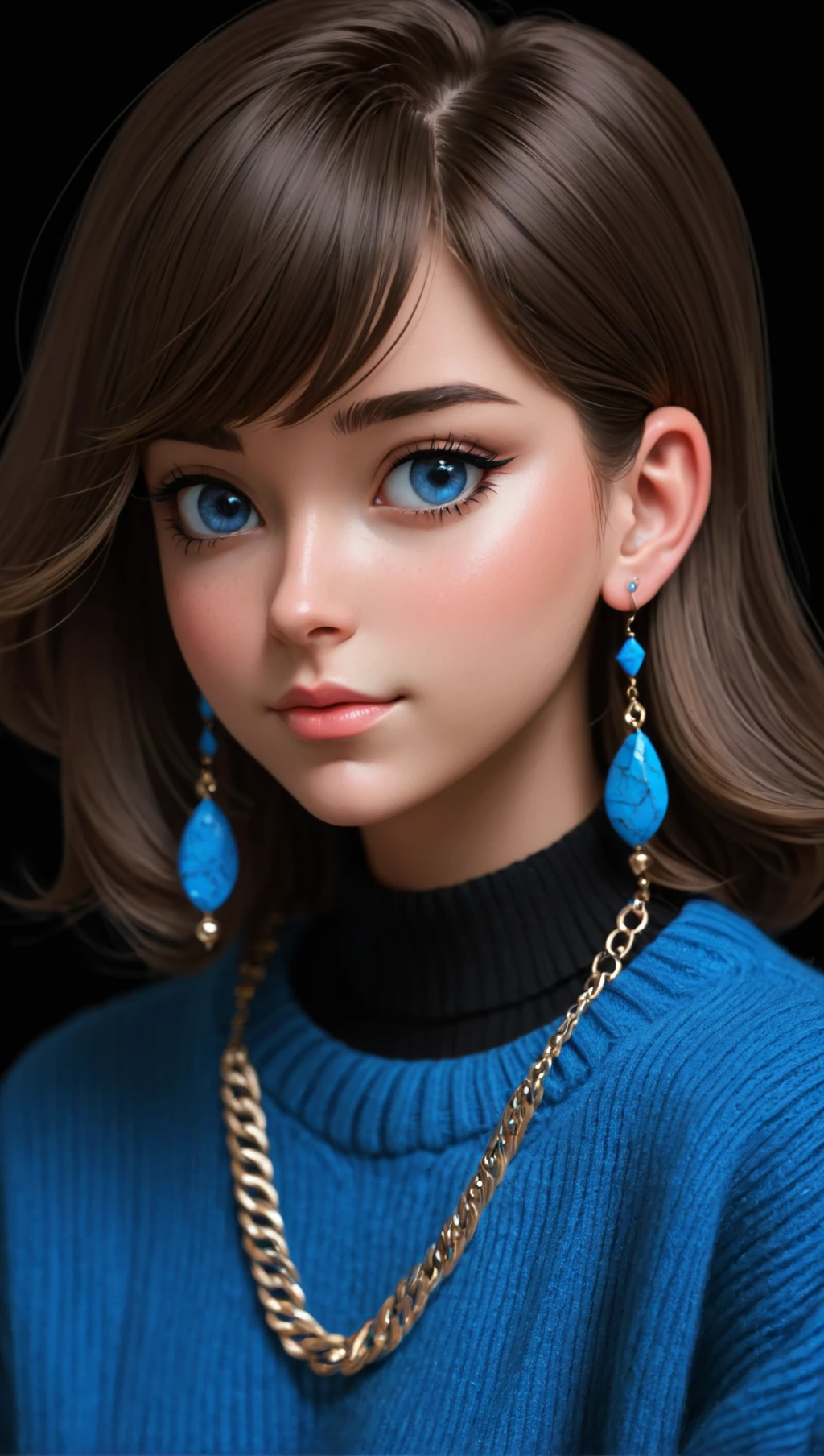 1girl,blue sweater,black background,earrings,necklace,