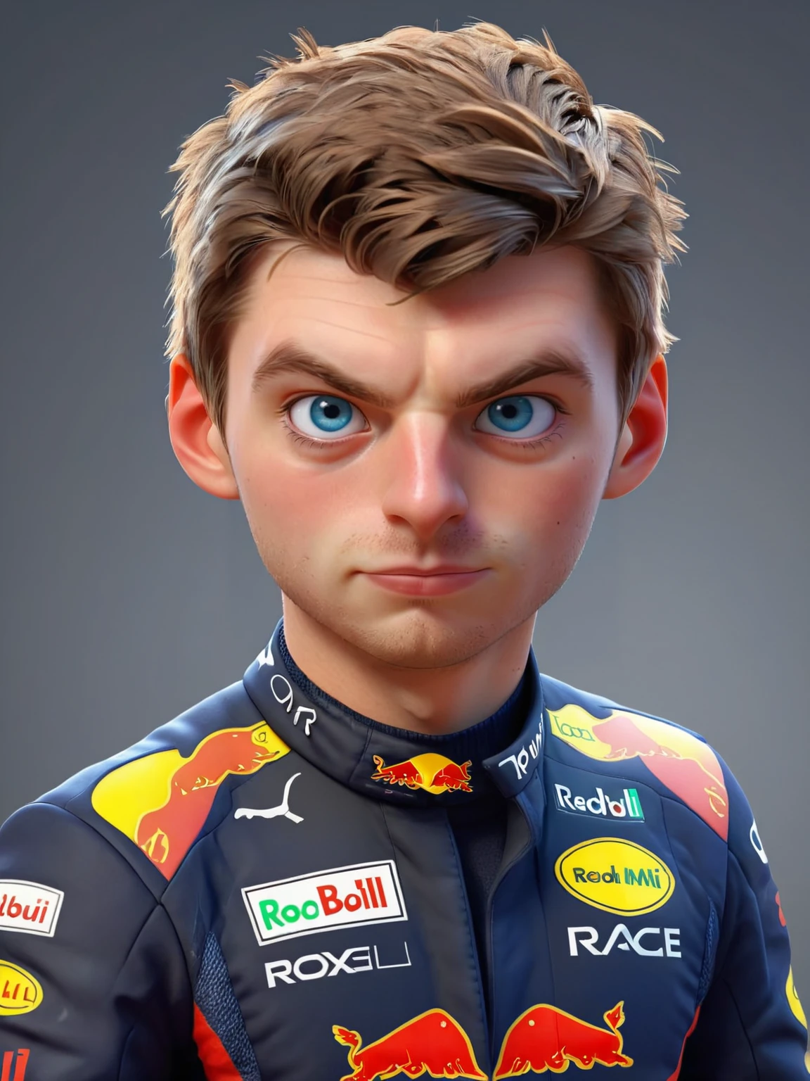 Adorable 3D Character of mxvrs, wearing redbull racing suit, blue eyes, . (pixar style:1.2), 3D render, adorable character, 3D art, <lora:Max SDXL v2:1.0>