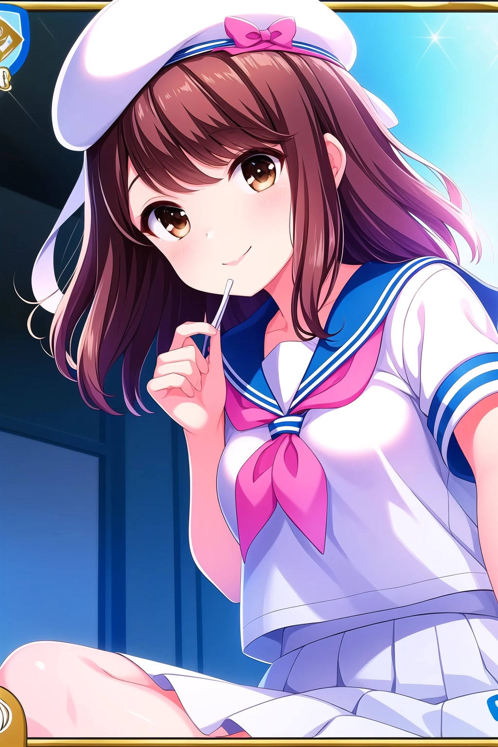 (masterpiece, best quality), highly detailed background, perfect lightingbest quality, shiinakokomi, solo, white headwear, hat bow, beret, brown hair, long hair, brown eyes, breasts, serafuku, white shirt, short sleeves, blue sailor collar, white skirt, smile, closed mouth, pink lips, <lora:Shiina-Kokomi:0.7>