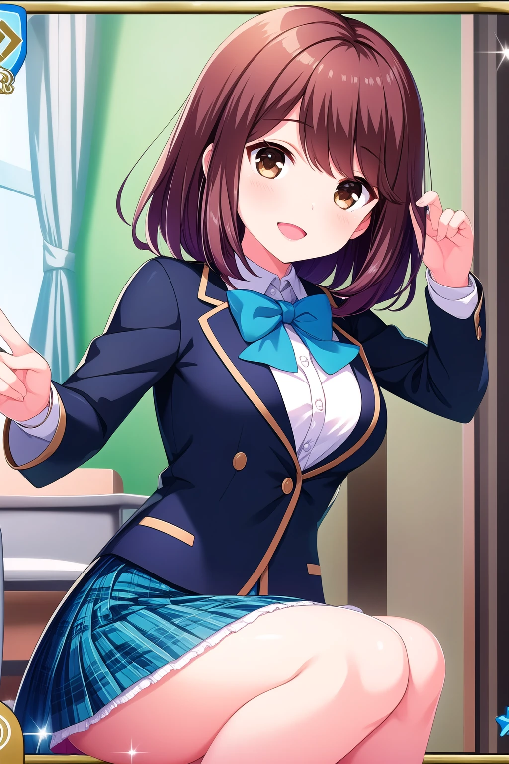 (masterpiece, best quality), highly detailed background, perfect lightingbest quality, shiinakokomi, solo, brown hair, long hair, brown eyes, breasts, blue jacket, blazer, white shirt, blue bowtie, blue skirt, plaid skirt, school uniform, smile, open mouth, pink lips, <lora:Shiina-Kokomi:0.7>