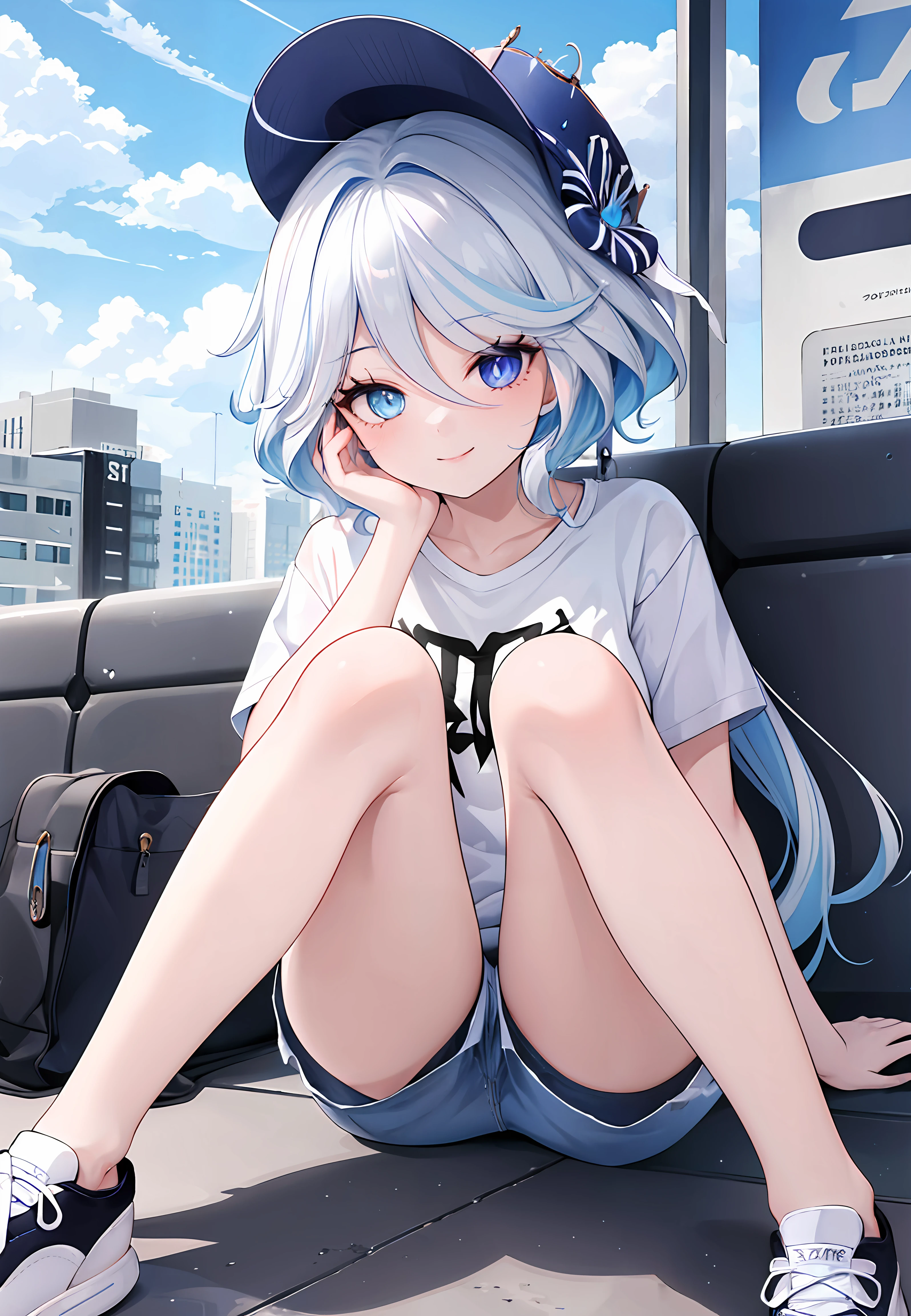 ((masterpiece,best quality)), 1girl, furina, heterochromia, smile, Oversized graphic tee, denim shorts, sneakers