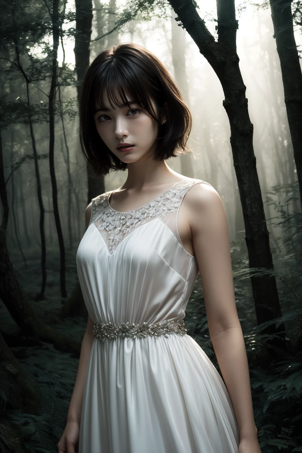 (realistic), (hyperrealism),best quality, masterpiece,ultra high res, (photorealistic:1.4),1girl,pale skin,(looking at viewer), <lora:add_detail:0.6>, fark forest, dramatic lighting, best shadow, formal dress,
cowboy shot,<lora:makina69_hamabeminami_v1.5:1>, short hair, bangs