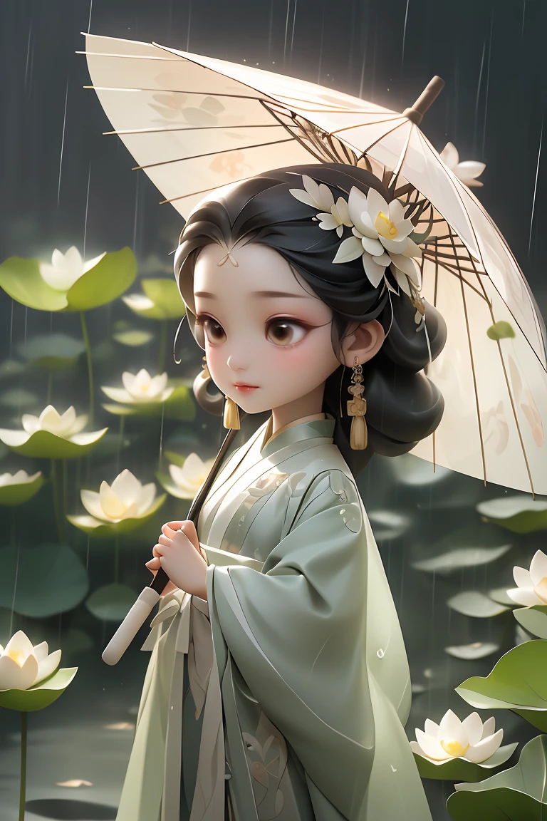 chibi, A woman holds a oil-paper umbrella on her shoulder to shelter from the rain as part of a fashion event in the style of Yue Xiaofei,light jade,ethereal dream,Tang Youhong,elegant,detailed design,dansaekhwa Joil-paper umbrellachinese clothesholding umbrellarain (Milky skin, shiny skin:1.3)(lotus leaf:1.2),<lora:GoodHands-beta2:1>,<lora:ç»ªå¿-ä¼ä¸­ä»oil paper umbrella:0.8>