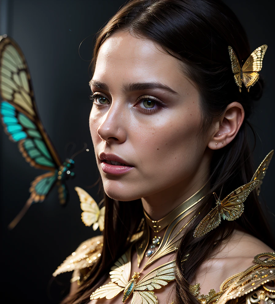 ethereal fantasy concept art of photo, 8k portrait of beautiful cyborg with brown hair, intricate, elegant, highly detailed, majestic, digital photography, art by artgerm and ruan jia and greg rutkowski surreal painting gold butterfly filigree, broken glass, (masterpiece, side lighting, finely detailed beautiful eyes: 1.2), hdr, realistic, high definition<lora:ornate:1.99> . magnificent, celestial, ethereal, painterly, epic, majestic, magical, fantasy art, cover art, dreamy