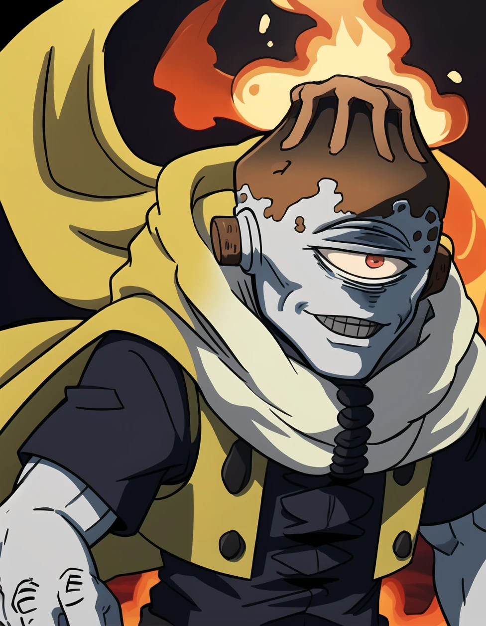 best quality, afterglow, 4k, ((masterpiece)), extremely detailed, 8k, trending on ArtStation, Intricate, High Detail, Sharp focus, jogoat <lora:jogoat:1>, solo, smile, fire background, 1boy, volcano background, full body, male focus, boots, colored skin, grey skin, 1boy, male focus, scarf, one-eyed, cyclops, volcano head, ((muscular male)), ((standing, cowboy shot, upper body)), yellow cape, ((tube ears))