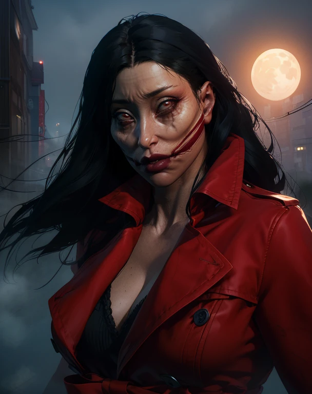 Kuchisake,red eyes,long black hair,big lips,
red trench coat,cleavage,
standing,upper body,
empty streets,night,tokyo,fog,moon,
(insanely detailed, beautiful detailed face, masterpiece, beautiful detailed eyes, best quality),<lora:KuchisakeRED-10:0.8>,