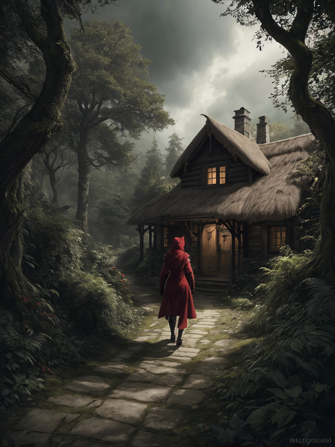 Highly detailed, professional 4k depiction of the Red Riding Hood fairy tale. A lush, dense forest with intricate textures, shadowy and mysterious. In the center, a adult woman in a vibrant red cloak, detailed and vivid, walking along a winding, leaf-strewn path. Ominous, watchful eyes hidden in the foliage, hinting at the presence of the sly wolf. Overhead, a dramatic, brooding sky suggesting imminent danger, with the hint of a quaint cottage in the distance.