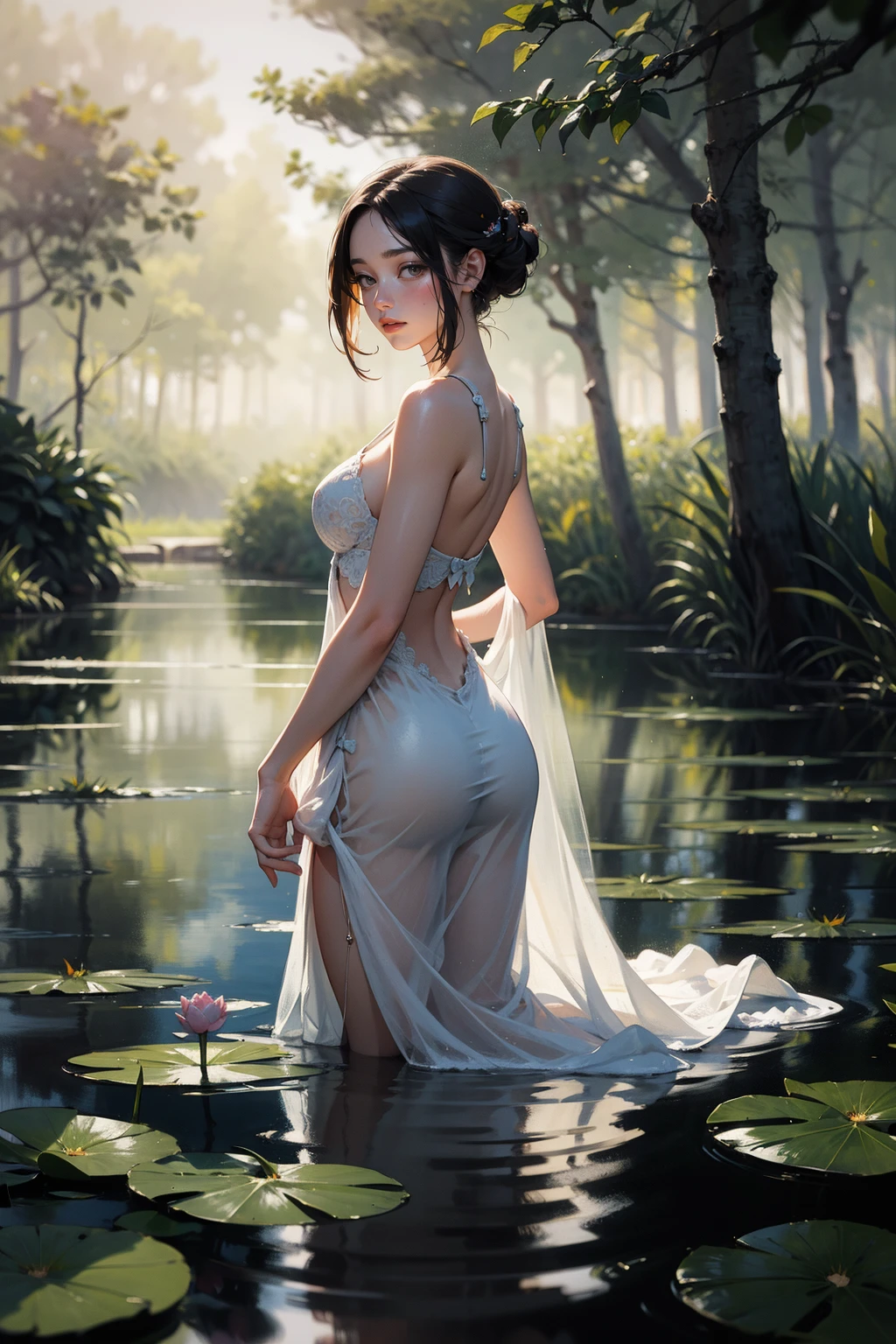 1womanl,35 year old,Huge breasted,topless, Pornographic exposure, only,(Background with:bamboo forest,lotus,Lotus flower,exteriors,lotus pond) She has short silvery white hair,standing,sweat profusely,soaked all over the body,seen from the front, slickedback hair, almost cloudy sky,(((Masterpiece artwork),(very detailed CG Unity 8k wallpaper),best qualityer,cinematic lighting,detailed back ground,beautiful detailed eyes,shiny pupils,thin and beautiful black eyes),(Beautiful and detailed description of the eyes),ultra detali,Masterpiece artwork,)),facing the camera,A high resolution,ultra detali),Revealing breasts,Naked genitals, protuberance,legs are open,Raised sexy,camel fingers,Ruddy complexion,with open mouth,facade,(Wear sexy transparent dresses,breasts bare,Lower body naked,exposing the ,sports shoes)