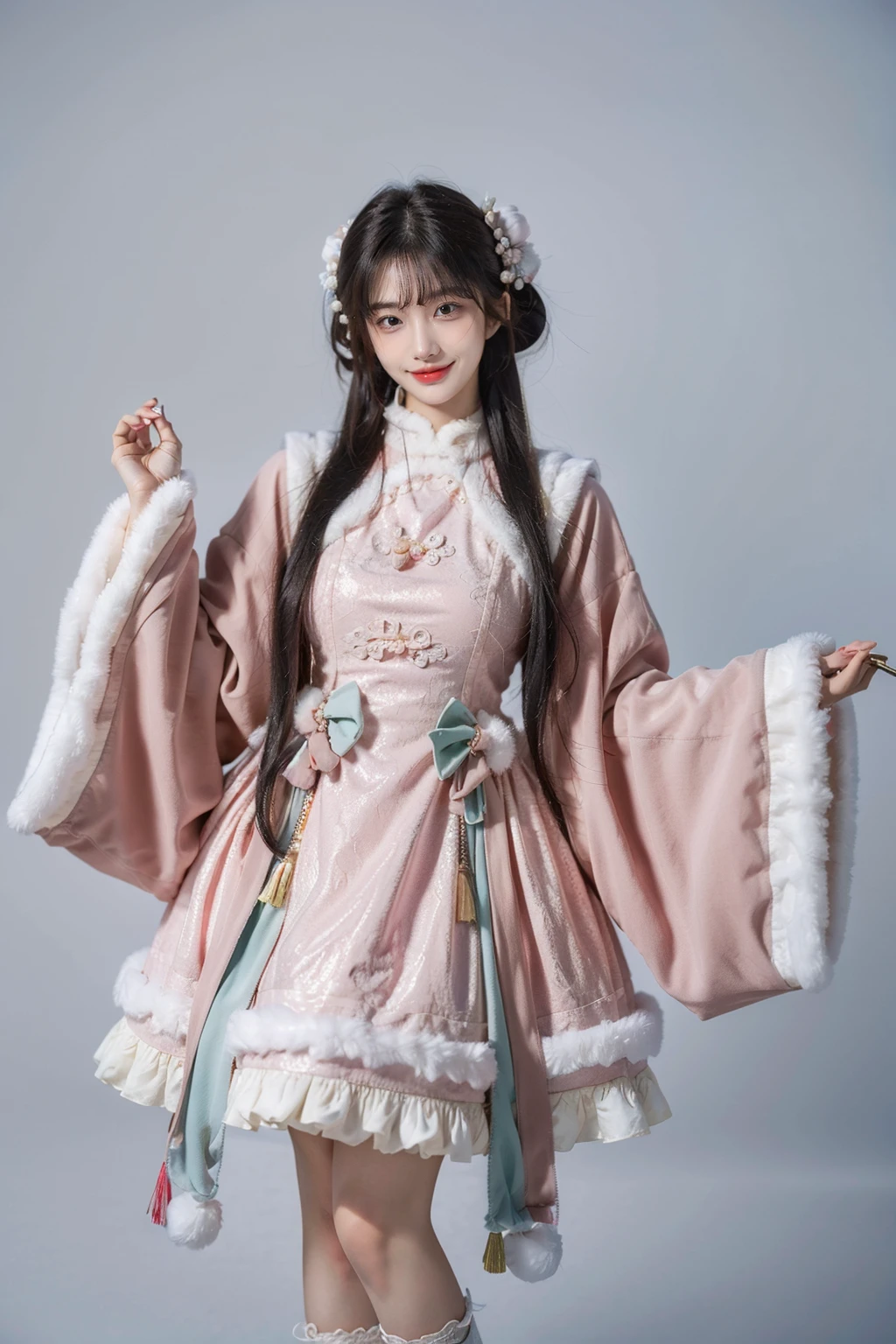 best quality, masterpiece, photorealistic, 1girl, solo, long hair, black hair, straight hair, smile, cowboy shot, looking at viewer, cns attire, cyb dress, chinese clothes, long sleeves, wide sleeves, high heels, simple background, <lora:cns_attire_vol2_style6_v1:0.7>