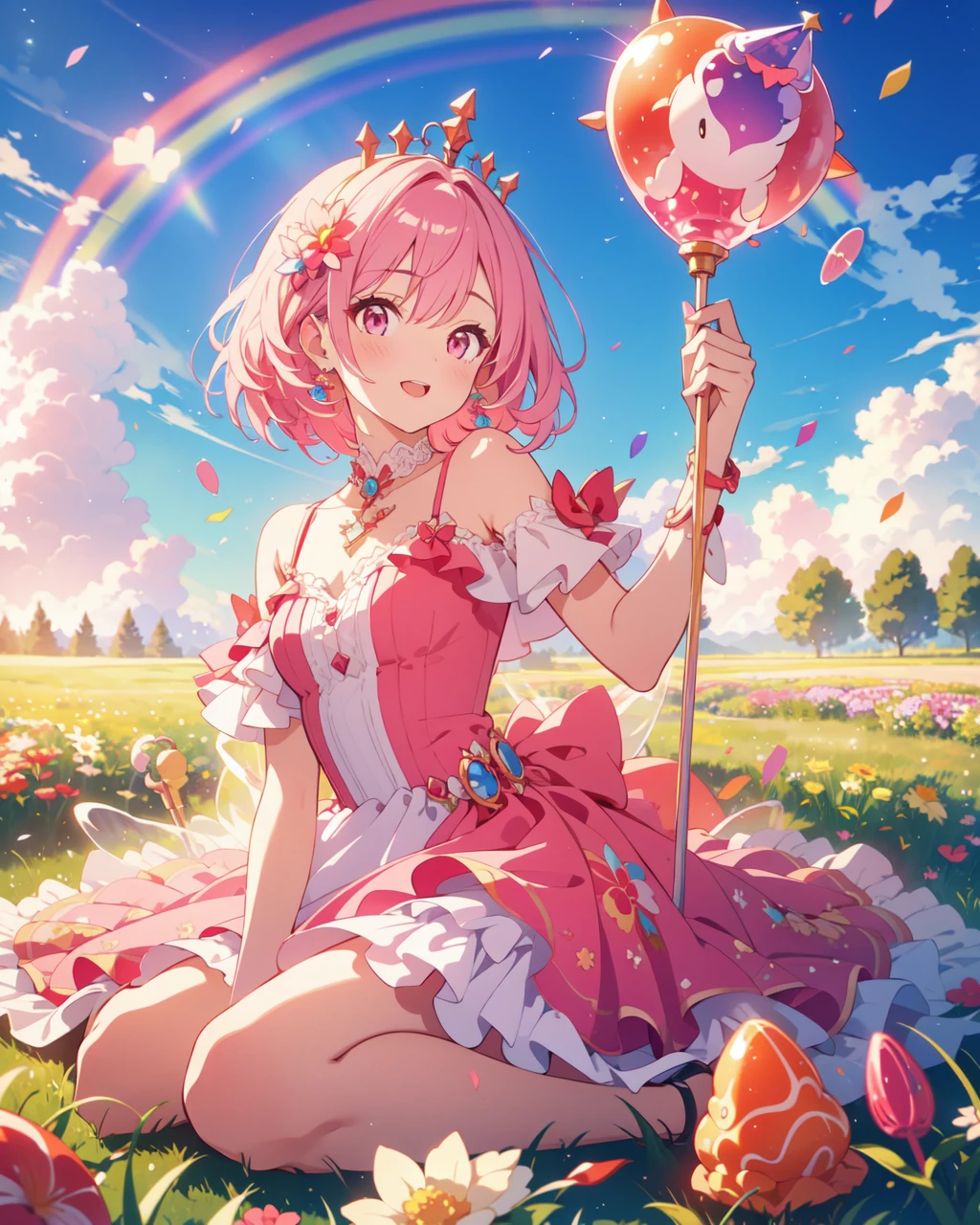 (best quality:1.0), (ultra highres:1.0), a rainbow, candy, (a field of candy), 1girl, sugar queen, pink dress, a Sceptor of candy, rock crystals, finely detailed ryal dress