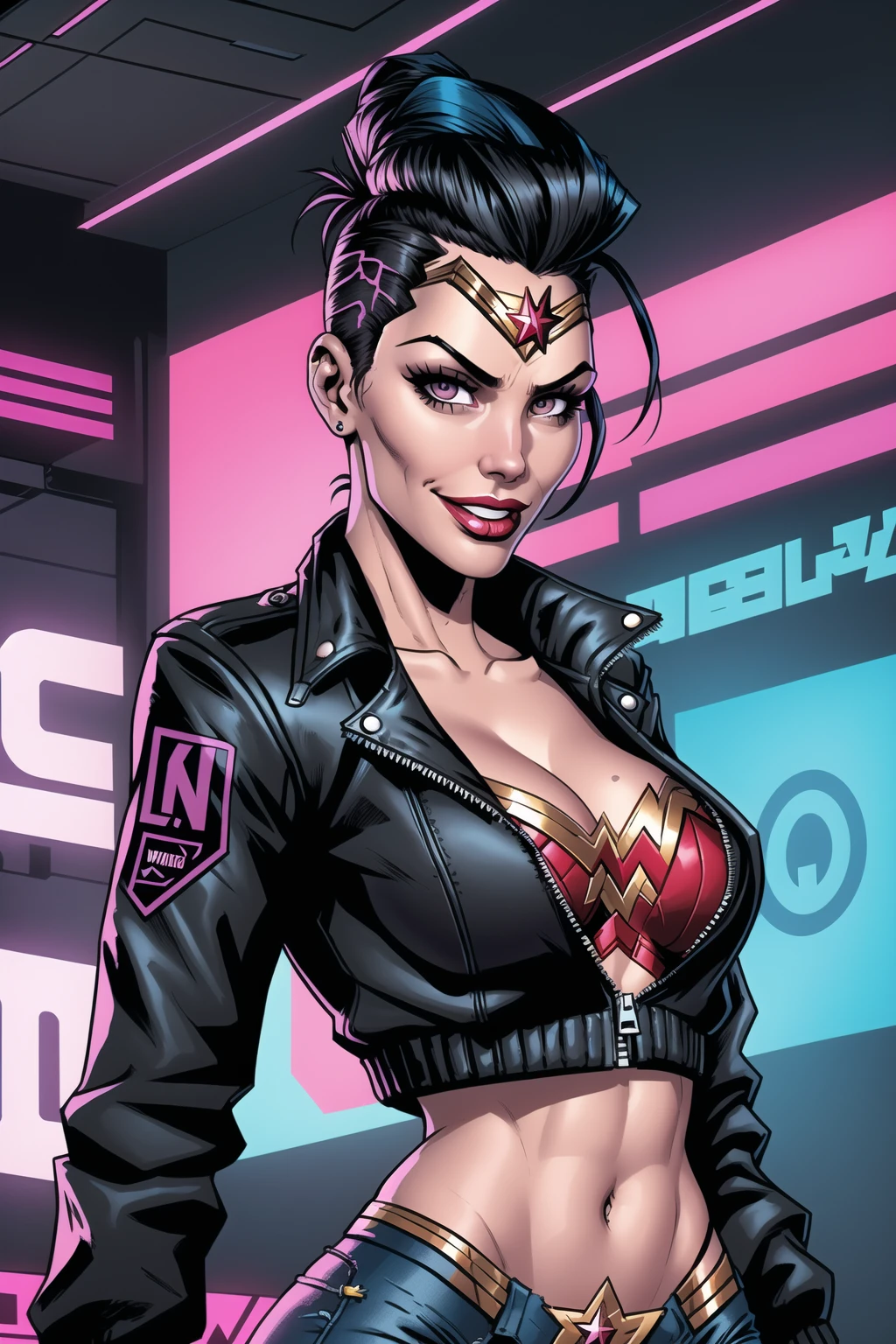 wonder woman, dressed as a punk, [mohawk:shaved side head:0.5] hairstyle, detailed long hair, wearing short unzipped crop army jacket, crop top, deep cleavage, smirking, cyberpunk style, deep shadows, vivid flat colors, professional comic book style, colorful clothes, [neon [yellow|green|pink|blue|red] badge:0.3], [golden hour:0.1]