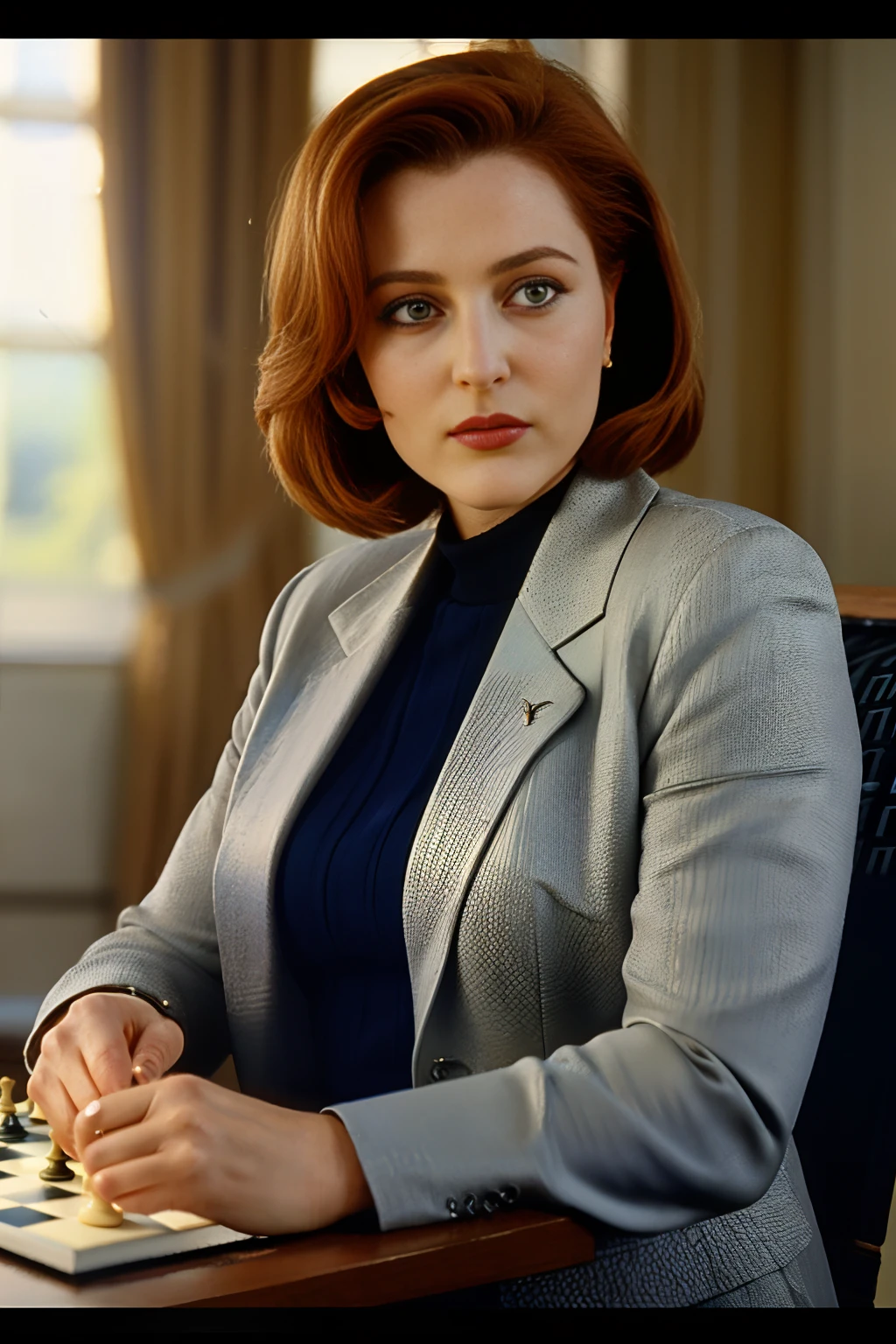 Dana Scully, woman, playing chess with mulder,
<lora:DanaScullySD-000002:1>, intricate details, hyperdetailed, cinematic, realistic, masterpiece