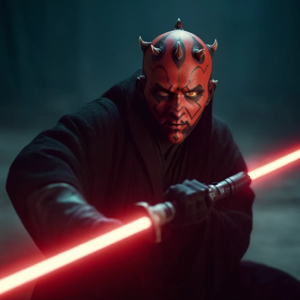 cinematic film still of <lora:Darth Maul:1.2>
Darth Maul a man with half body and a red face holding a light saber in star wars universe, shallow depth of field, vignette, highly detailed, high budget, bokeh, cinemascope, moody, epic, gorgeous, film grain, grainy
