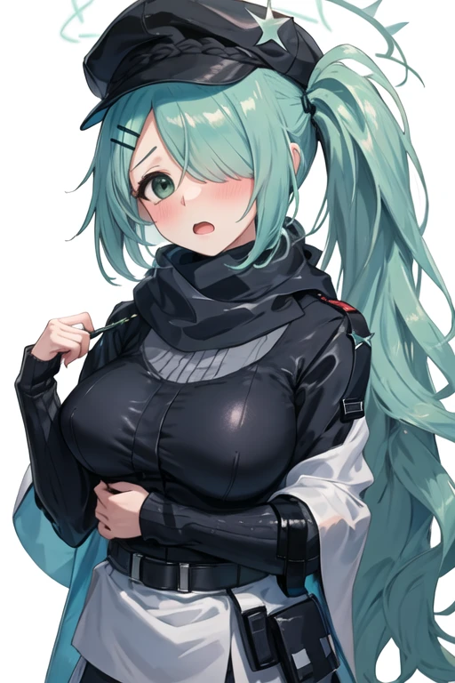 best quality, masterpiece, highres, solo, {hiyori_bluearchive:1.15}, hair_ornament, hairclip, long_hair, hair_over_one_eye, halo, side_ponytail, bangs, blush, hat, breasts, cabbie_hat, open_mouth, upper_body, large_breasts, green_eyes, 1girl, asymmetrical_bangs, black_headwear, looking_at_viewer, scarf, simple_background, white_background, white_scarf, light_green_hair, long_sleeves, ponytail
