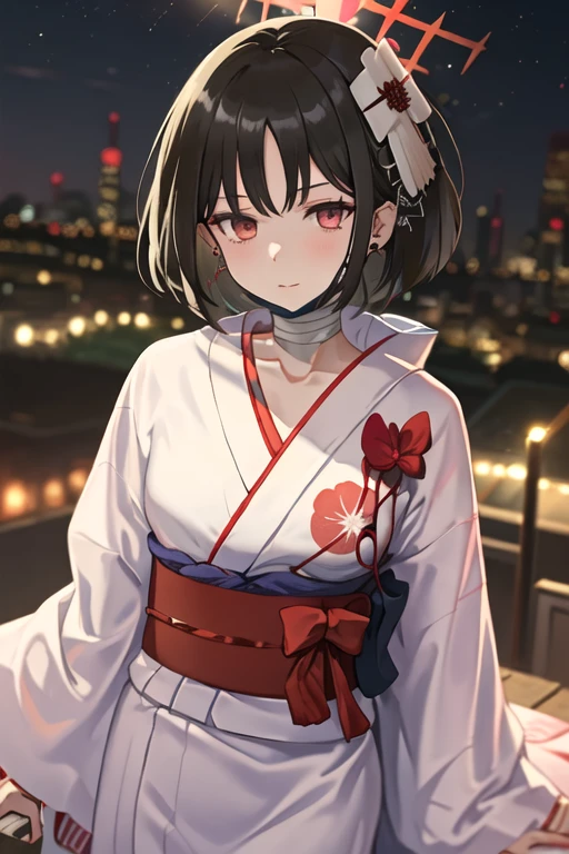 best quality, masterpiece, highres, solo, {yukata:1.40}, {kimono:1.20}, {misaki_bluearchive:1.15}, short_hair, black_hair, bangs, halo, red_eyes, bandages, bandaged_neck, hoodie, upper_body, ear_piercing, piercing