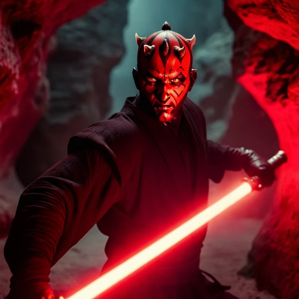 cinematic film still of <lora:Darth Maul:1.2>
Darth Maul with a red light saber in a cave in star wars universe, shallow depth of field, vignette, highly detailed, high budget, bokeh, cinemascope, moody, epic, gorgeous, film grain, grainy