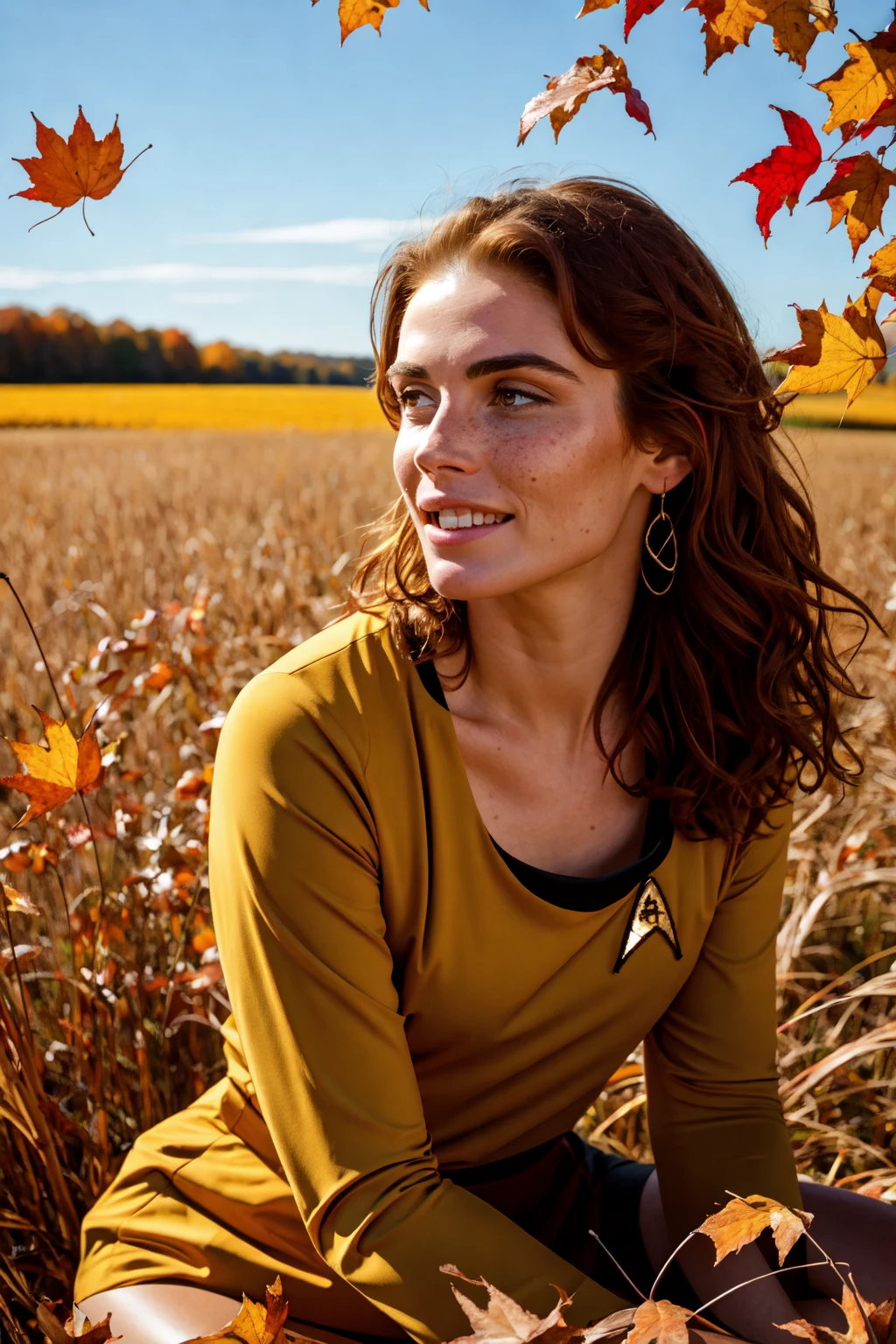 Ultra-realistic 8k CG, masterpiece, best quality, (photorealistic:1.4), absurdres, extremely detailed, real hair, life-like,
((mediaeval setting)), ((fall season, falling leaves)), ((detailed face, freckles)), ((detailed eyes)),
beautiful woman with wind-blown long red hair wearing a  ( yellow startrektos dress) in a field of tall grain, rustic farm,<lora:TOSV3:0.8>