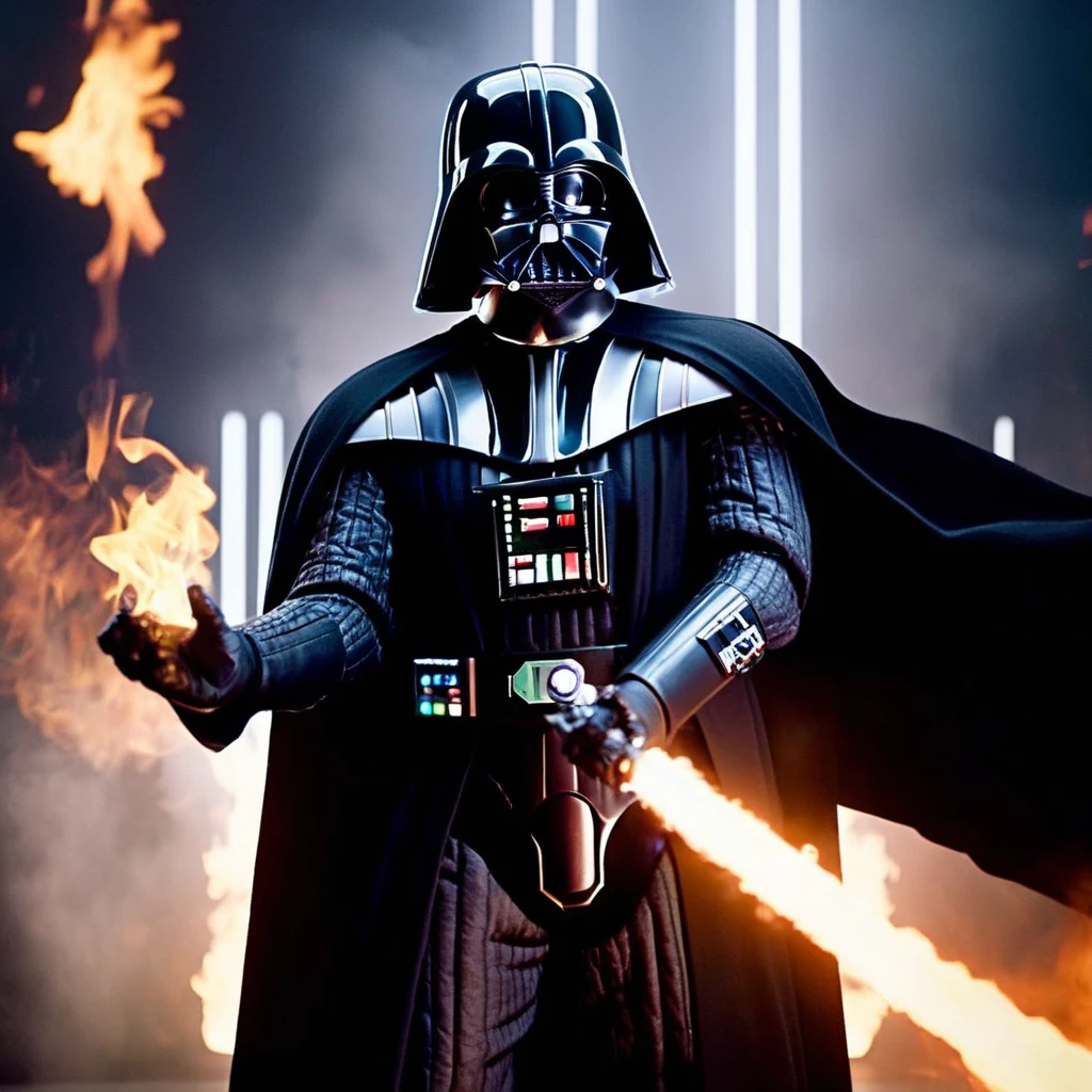 cinematic film still of <lora:Darth Vader:1.2>
Darth Vader a bald white face man with shiny eyes and a robotic prosthetic perfect sci fi hands in a black costume with fire and smoke in the backgroun in star wars universe, shallow depth of field, vignette, highly detailed, high budget, bokeh, cinemascope, moody, epic, gorgeous, film grain, grainy